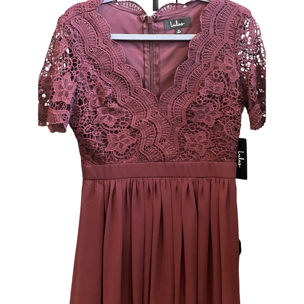 Lulus Burgundy Lace Chiffon Mini Dress Short Sleeve Crochet Party Size Med NEW - Picture 1 of 6